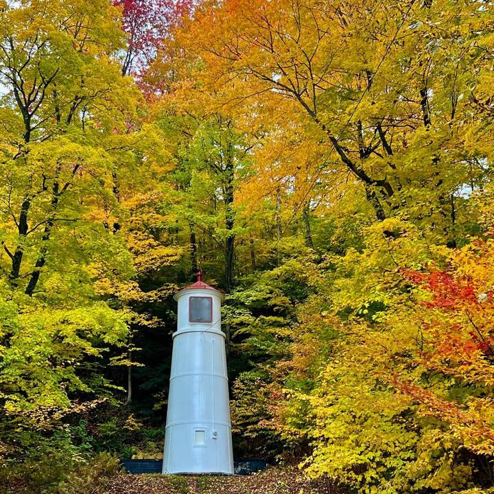 Small white lighthouse tower among fall foliage